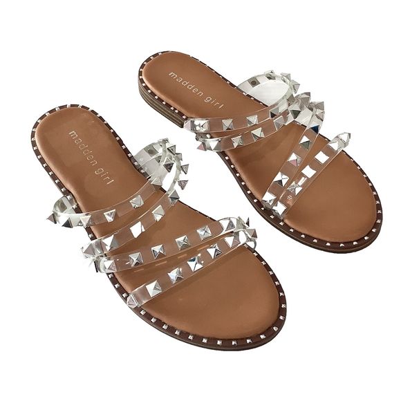 Steve Madden Shoes - Steve Madden Silver Studded Clear Strap Tan Flats Sandals Size 6.5 NEW